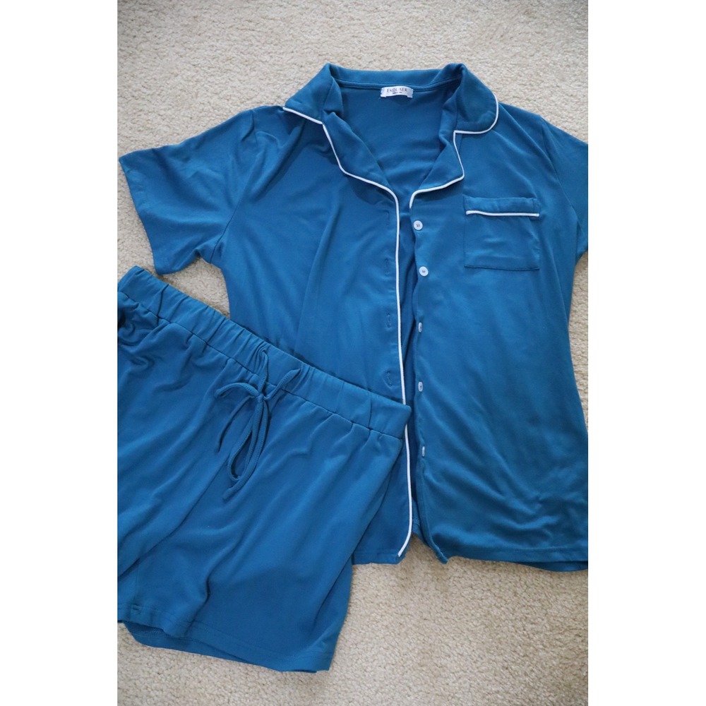 Loungewear Sleepwear Ekouaer Pajama Set L Teal Blue Button Down Shorts Set